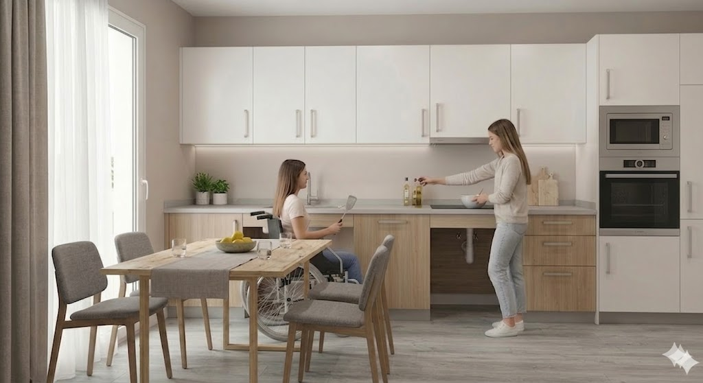 Cozinha moderna acessível com bancadas suspensas e raio de manobra amplo.